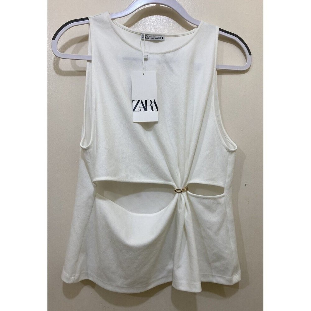 Zara Top Womens L White Sleeveless Cutout Front Gold-tone O-ring Lightweight NEW